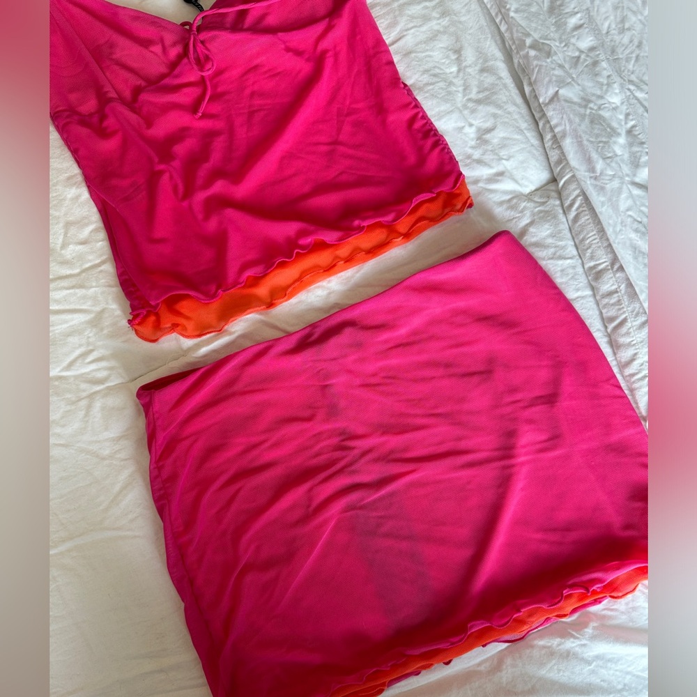White Fox two piece skirt set - hot pink & orange